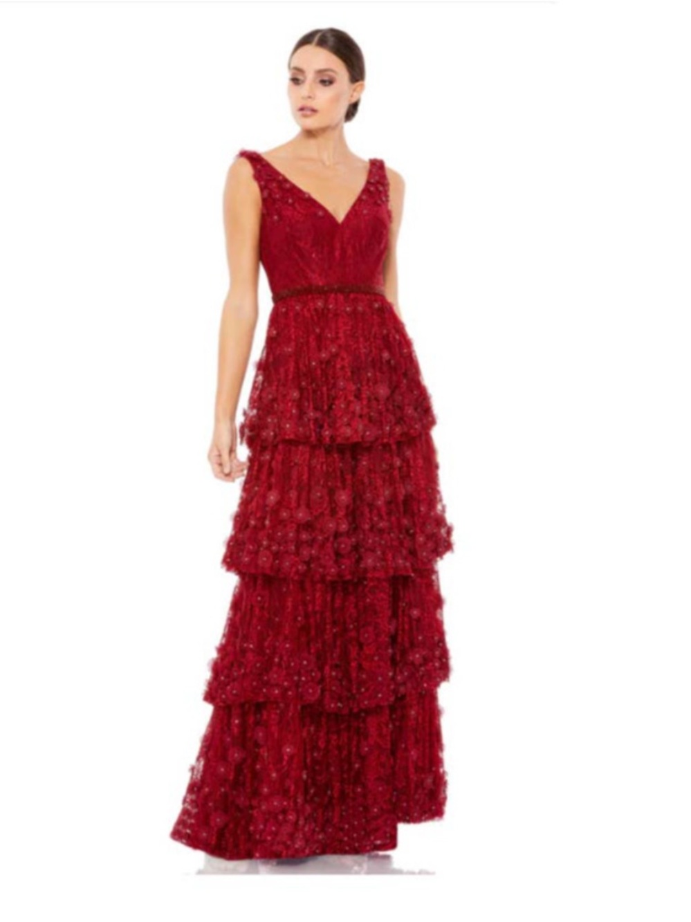 Mac Duggal 67710 Floral Applique Ruffled Tiered V Neck Gown Size 16 NWT - Picture 3 of 12